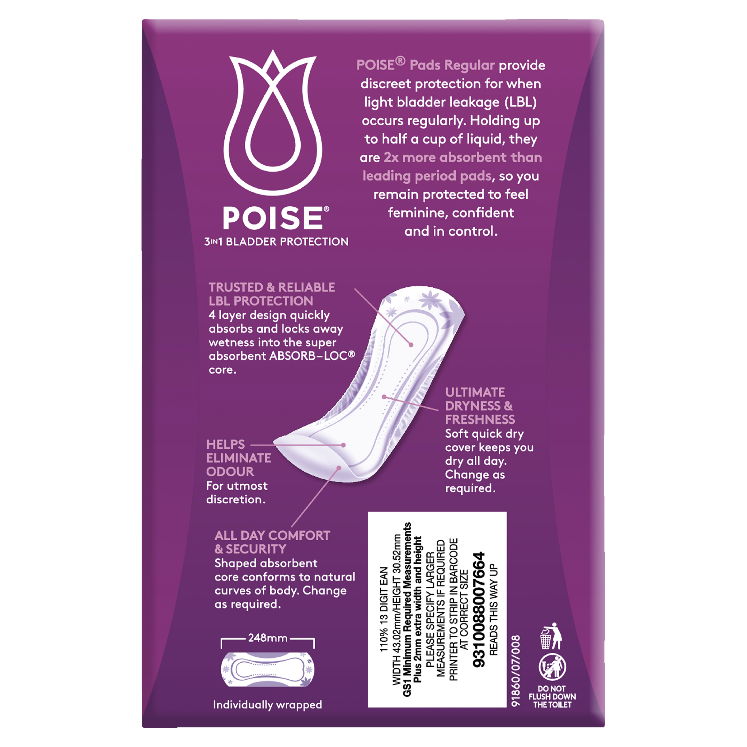 POISE 3-IN-1 PADS REGULAR 3.5D 16 PACK - Image 4