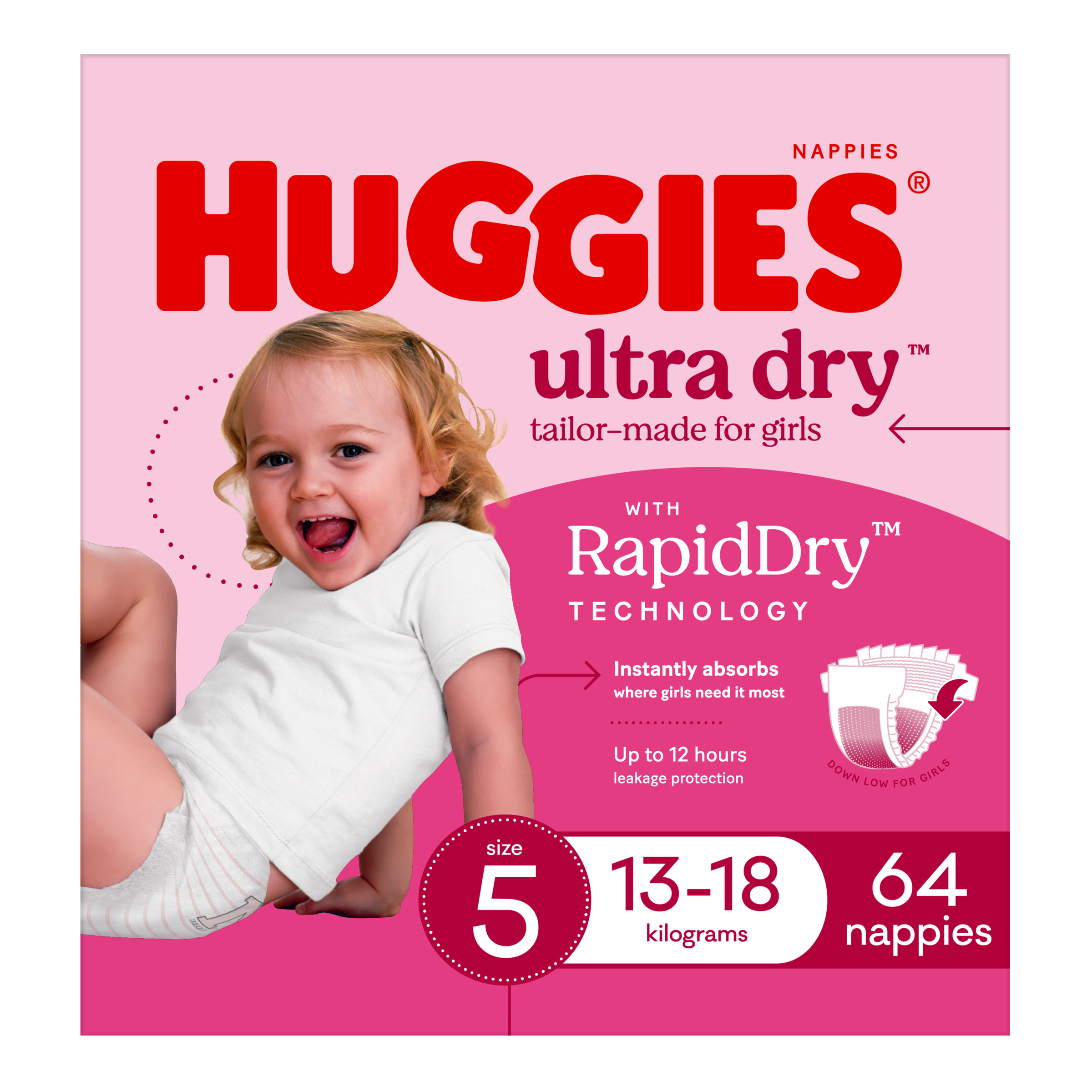 HUGGIES JUMBO ULTRADRY NAPPIES WALKER GIRL 64 PACK - Image 3