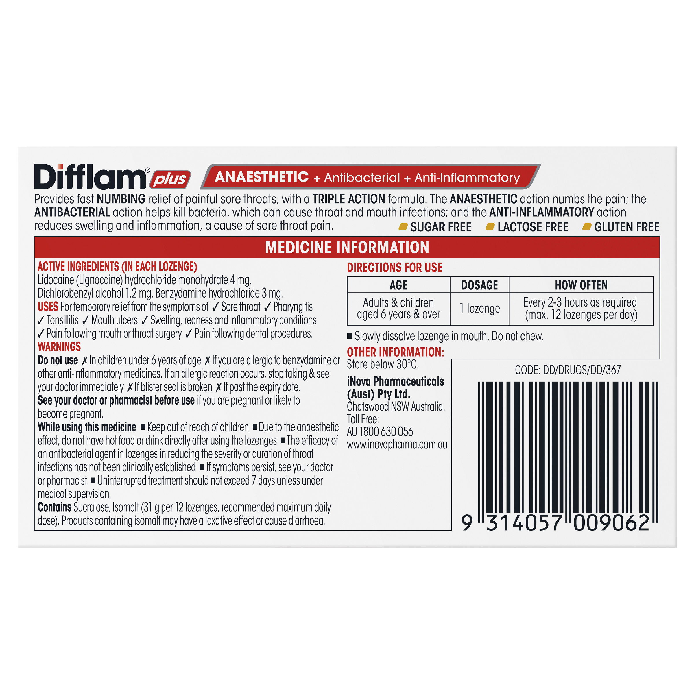 DIFFLAM PLUS ANAESTHETIC HONEY & LEMON SUGAR FREE 16 LOZENGES - Image 4