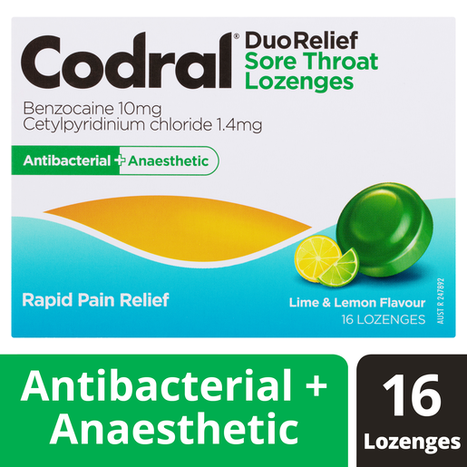 CODRAL DUO RELIEF SORE THROAT LIME AND LEMON 16 LOZENGES - Image 2