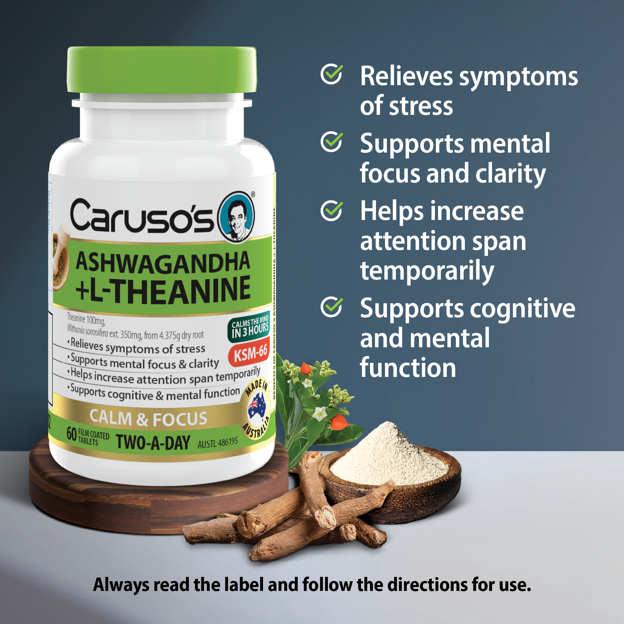 CARUSOS ASHWAGHANDA + L-THEANINE 60 TABLETS - Image 3
