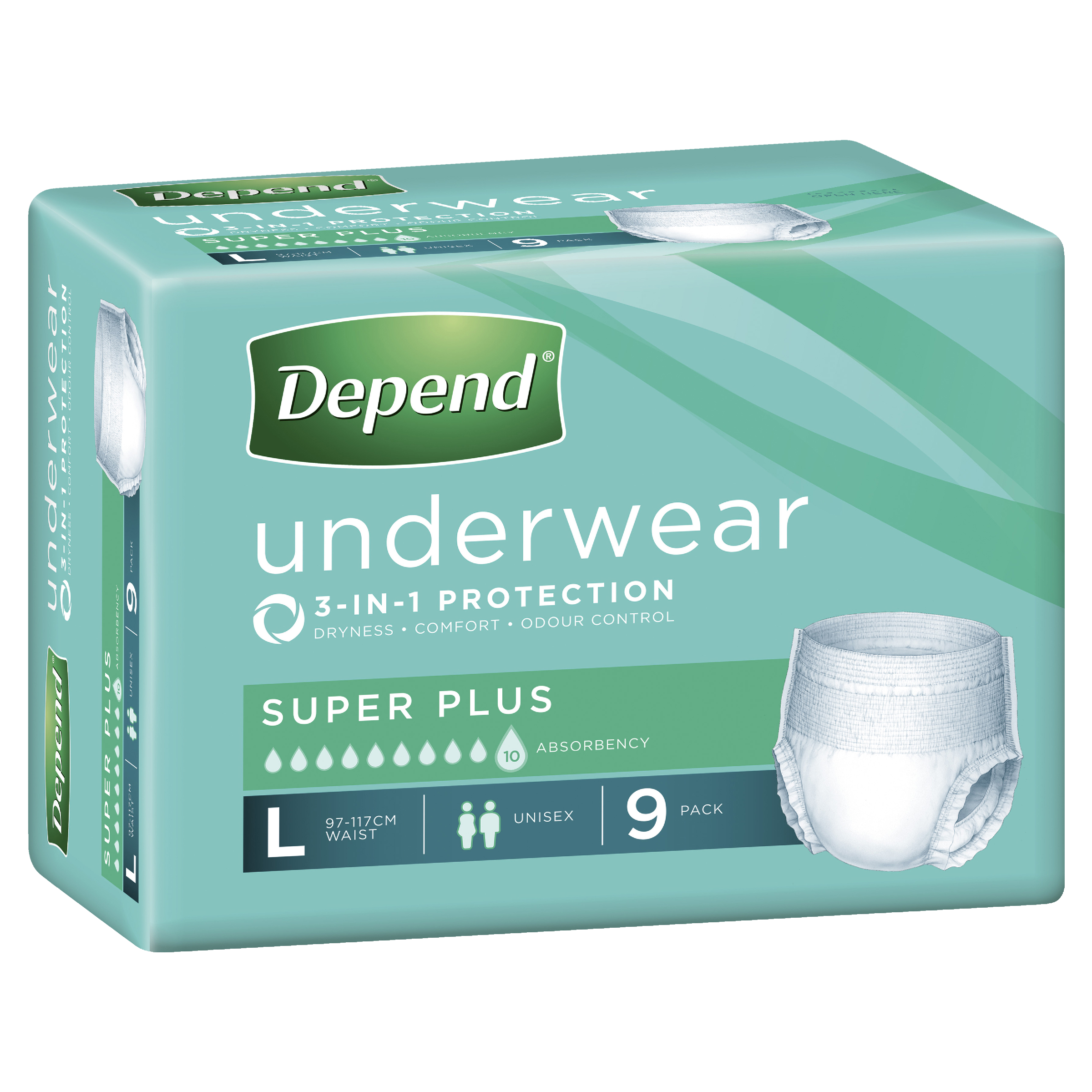 DEPEND INCONTINENCE UNDERWEAR 3-IN-1 PROTECTION LARGE 9 PACK