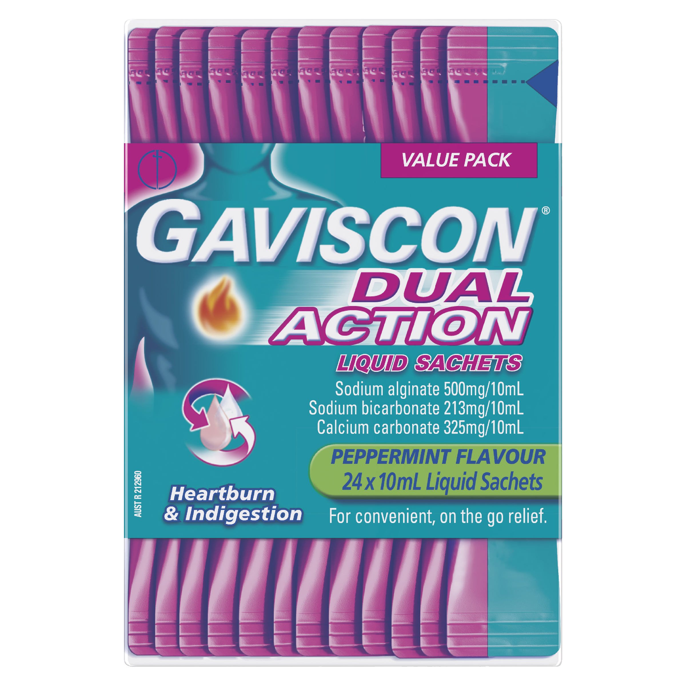 GAVISCON DUAL ACTION PEPPERMINT LIQUID 10ML SACHETS 24 PACK - Image 2