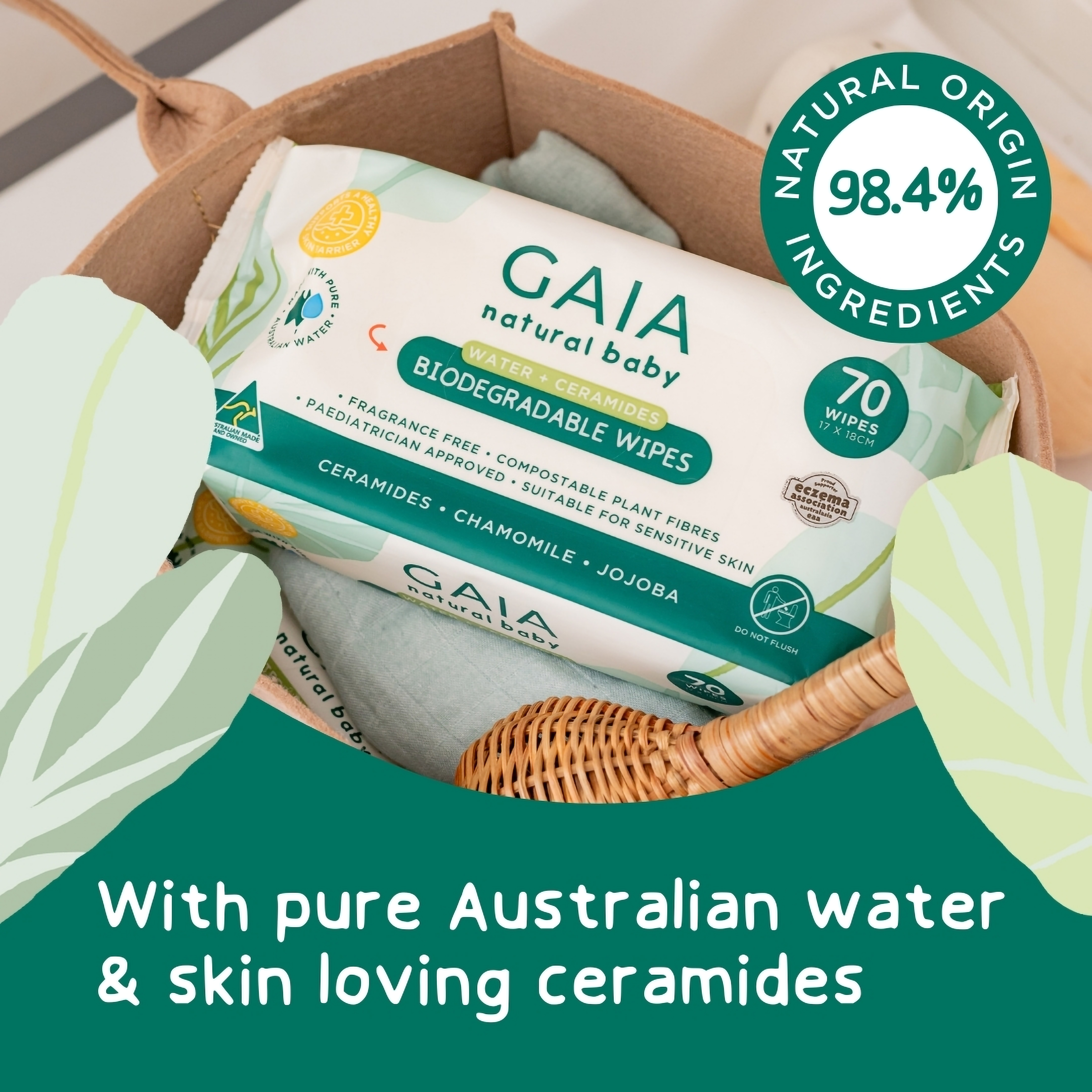 GAIA BABY WIPES NATURAL BIODEGRADABLE WATER + CERAMIDES 70 PACK - Image 7