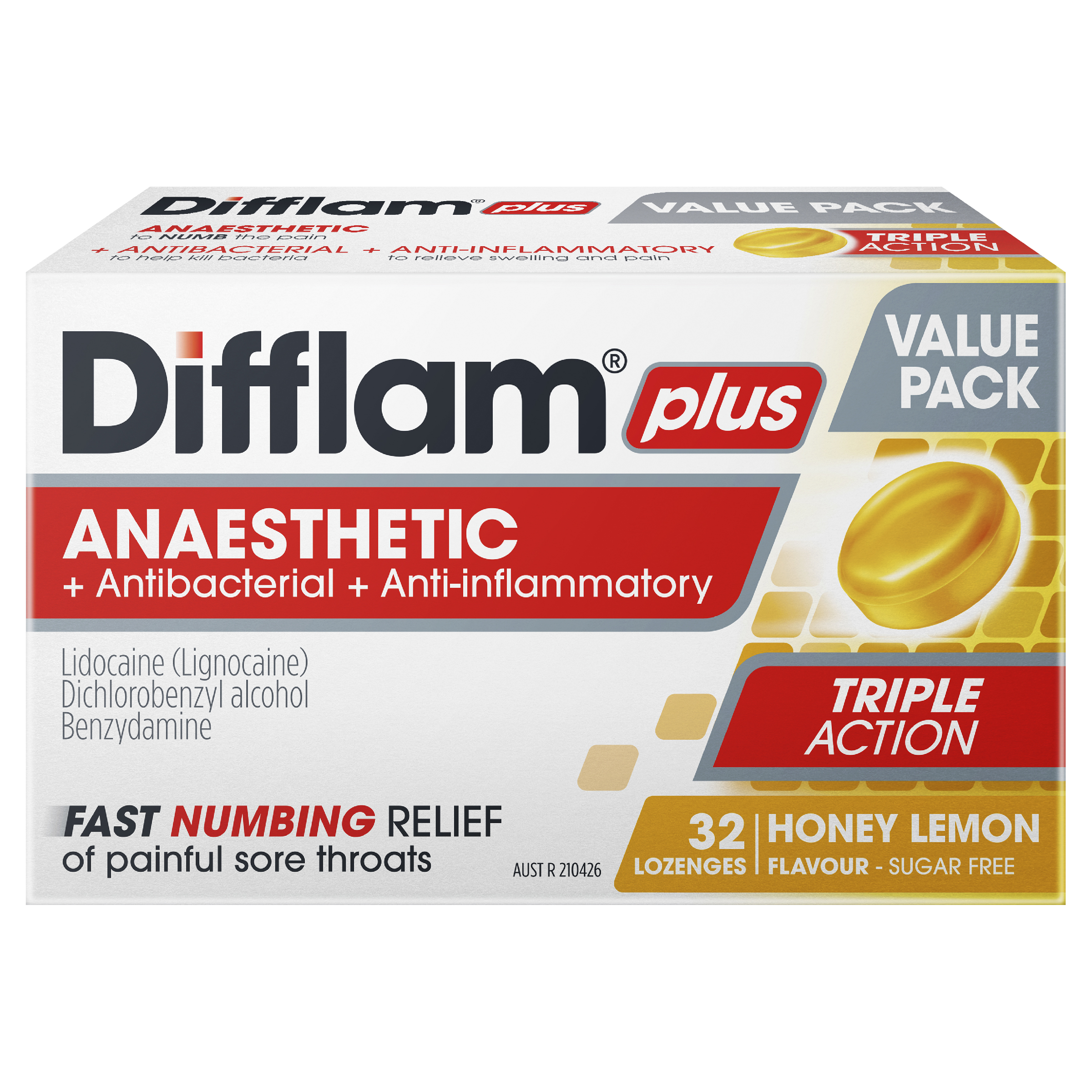 DIFFLAM PLUS ANAESTHETIC HONEY & LEMON THROAT 32 LOZENGES - Image 2