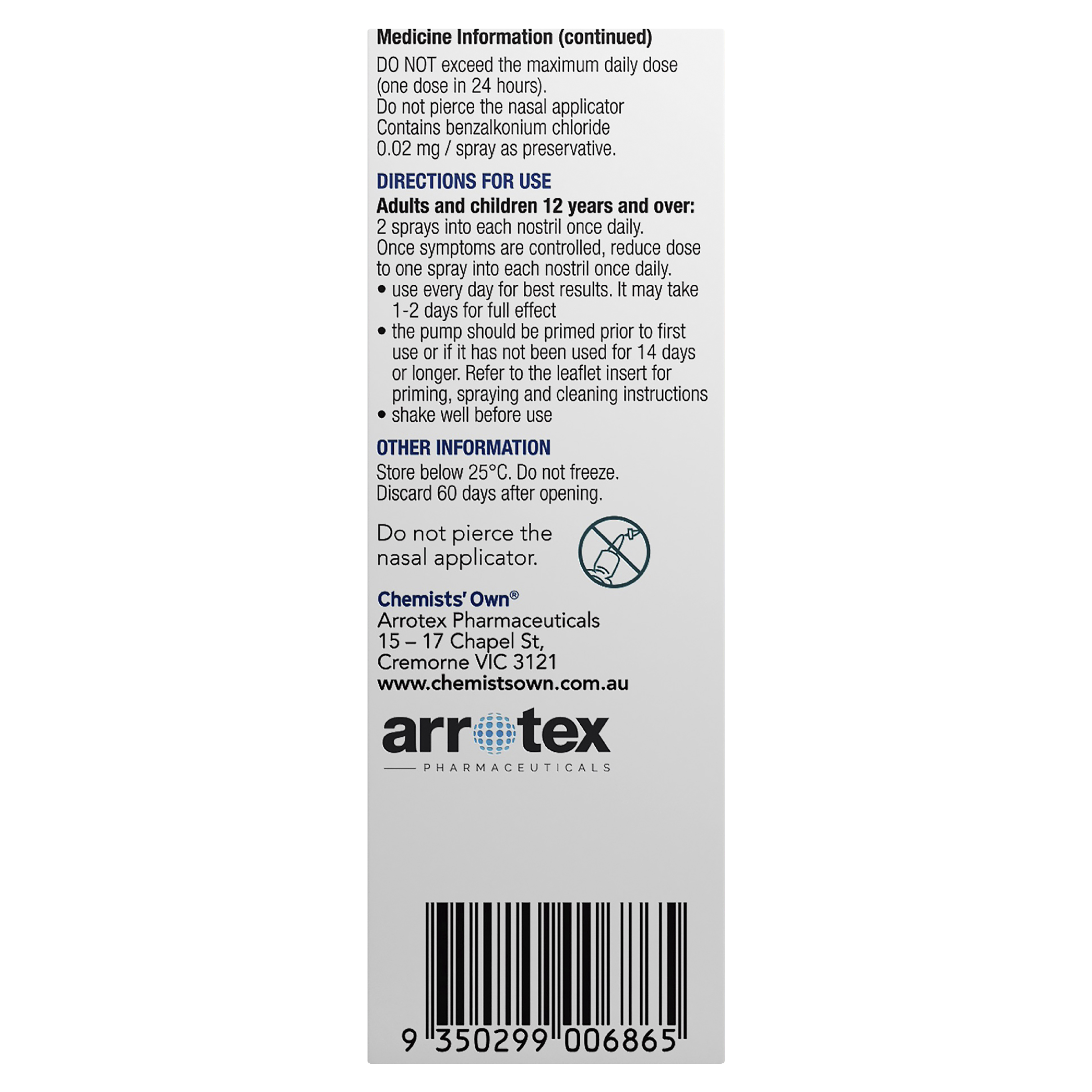 CHEMISTS OWN ALLERGY RELIEF 50MCG NASAL SPRAY 60 DOSES - Image 3