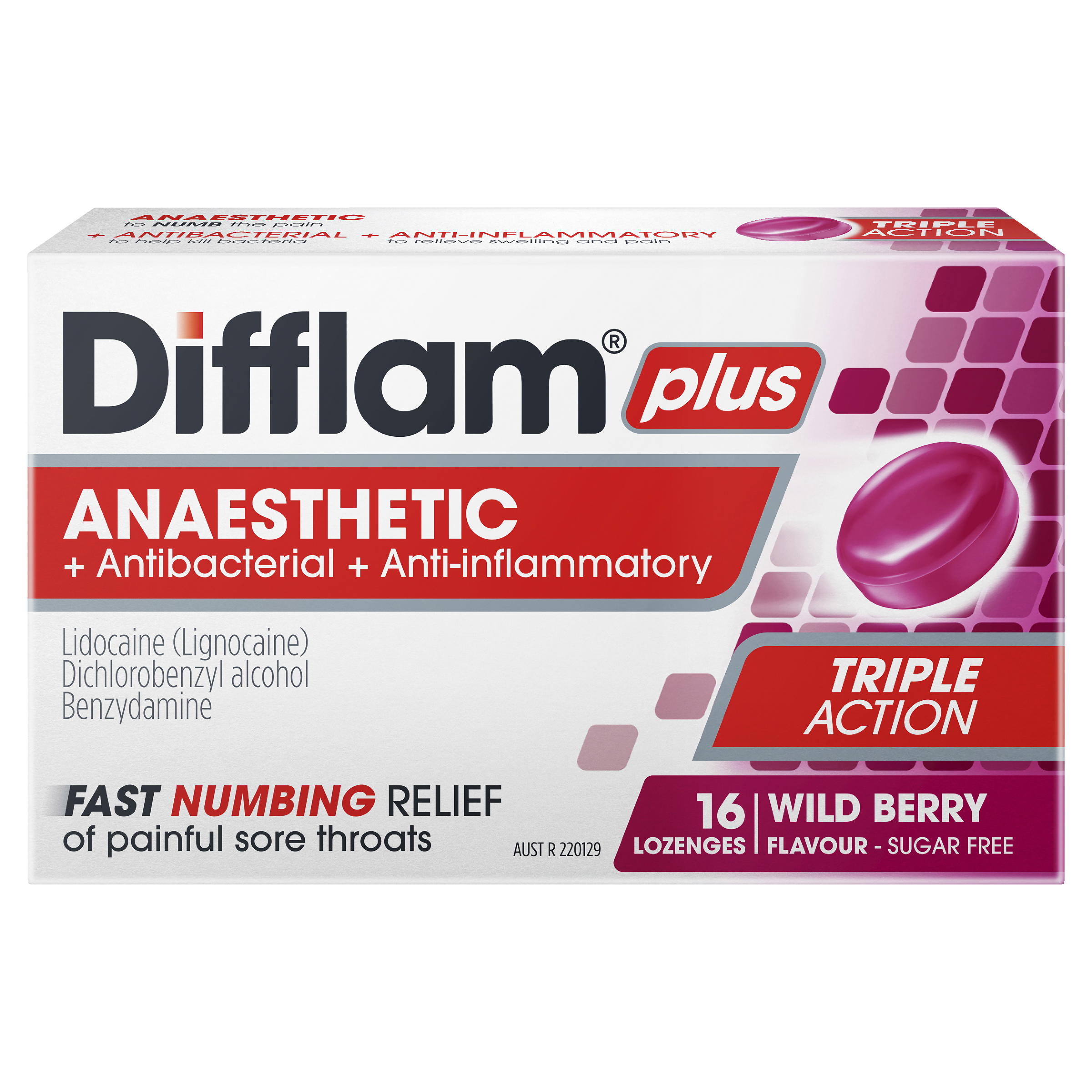 DIFFLAM PLUS ANAESTHETIC WILD BERRY THROAT 16 LOZENGES - Image 2