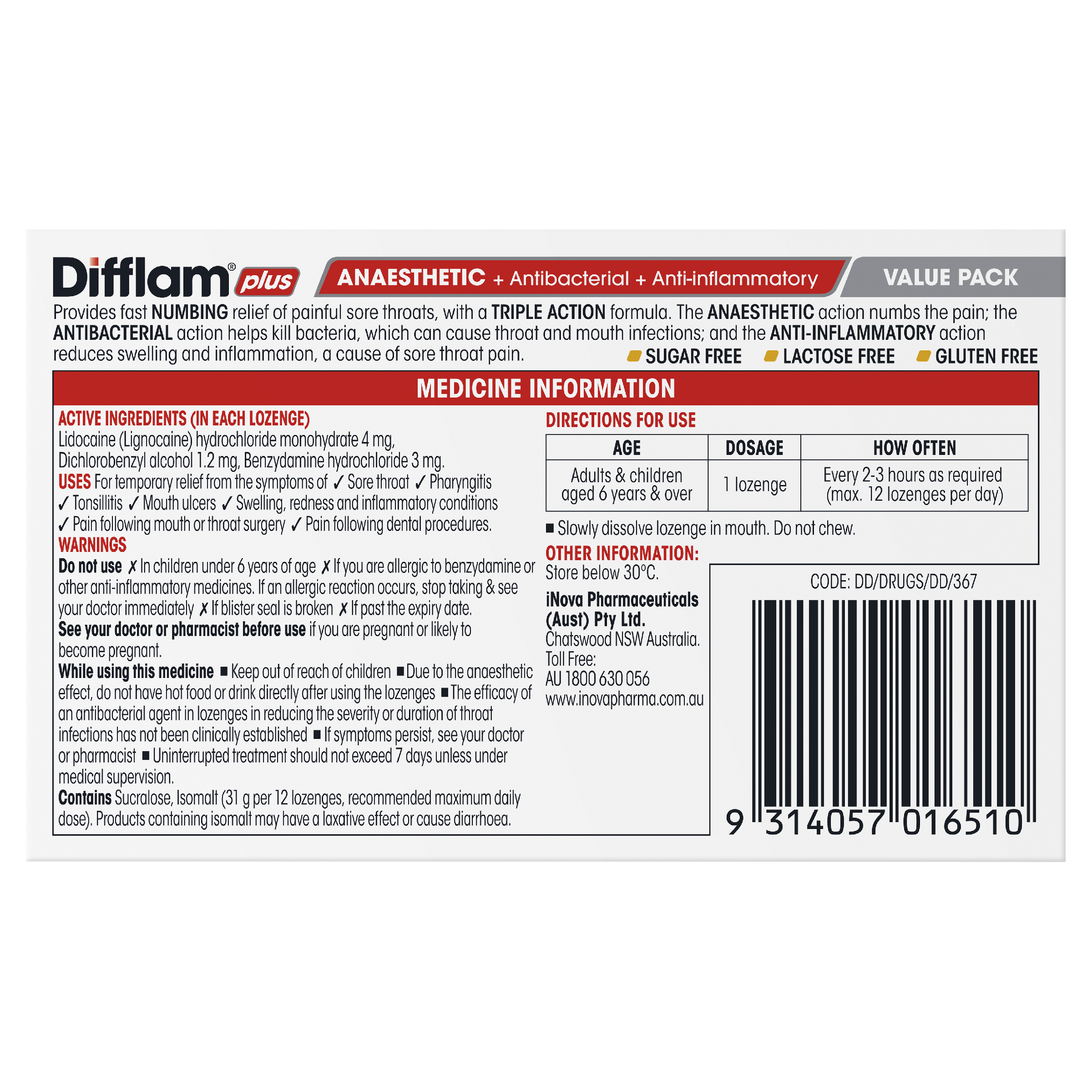 DIFFLAM PLUS ANAESTHETIC HONEY & LEMON THROAT 32 LOZENGES - Image 4