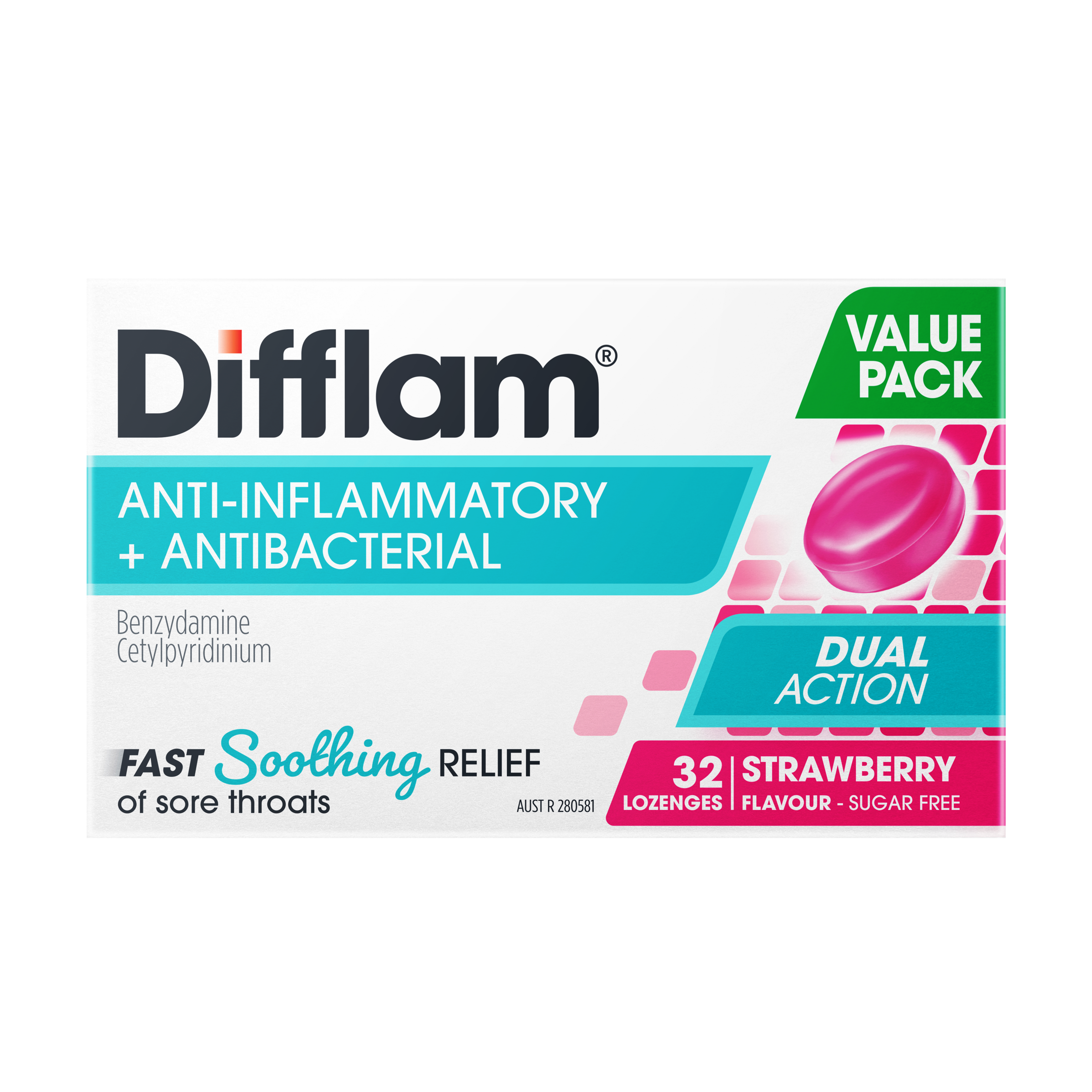 Difflam Dual Action Strawberry 32 Lozenges