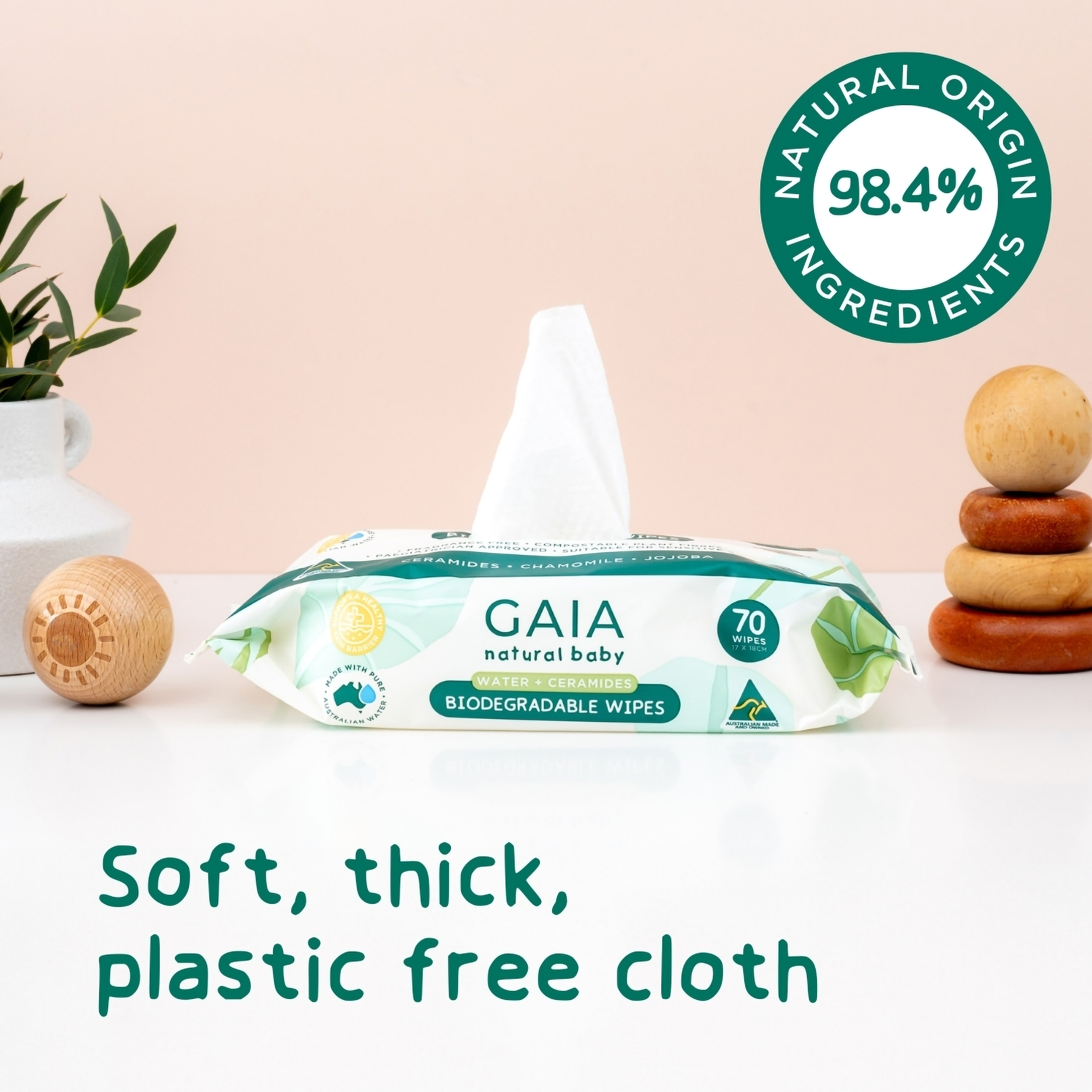 GAIA BABY WIPES NATURAL BIODEGRADABLE WATER + CERAMIDES 70 PACK - Image 5